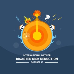 Vector illustration of disasters, Tsunamis, forest fires, volcanic eruptions, meteor showers, tornadoes and earthquakes, as banners or posters, International Day for
Disaster Risk Reduction.