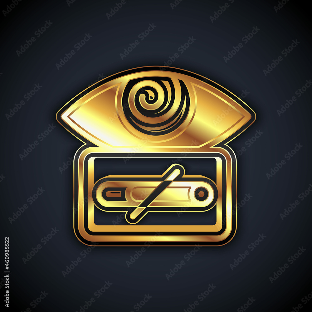 Poster Gold Hypnosis icon isolated on black background. Human eye with spiral hypnotic iris. Vector