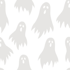 seasonal monochrome halloween seamless pattern with scary ghost silhouettes isolated on white background