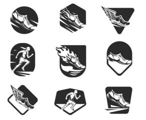 Set logo, label, emblem or badges for sport running isolated on white background. Collection monochrome design elements of club, marathon event, t-shirt branding. Vector illustration.