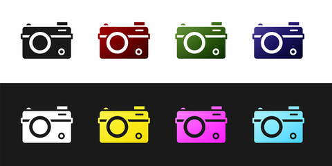 Set Photo camera icon isolated on black and white background. Foto camera. Digital photography. Vector