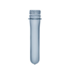Top view of  plastic preform from rPET with PET bottle  transparent flakes around in white background. Plastic pollution recycle and World Environment Day concept.
