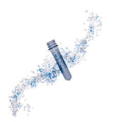Top view of  plastic preform from rPET with PET bottle  transparent flakes around in white...