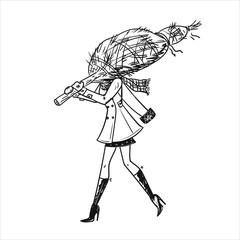 A beautiful young woman carries a Christmas tree. Merry christmas concept. Stock vector illustration isolated on white background.