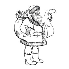 Santa Claus is reading a letter. Santa Claus carries a bag with gifts, stock vector illustration.