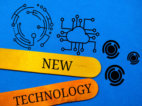 Colored ice cream sticks written with text NEW TECHNOLOGY with technology icon on a blue background.