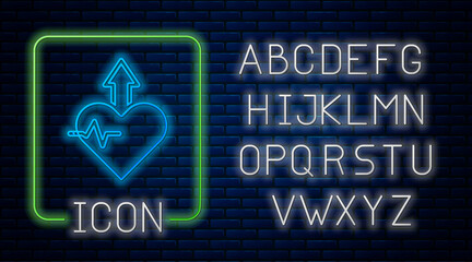 Glowing neon Heartbeat increase icon isolated on brick wall background. Increased heart rate. Neon light alphabet. Vector