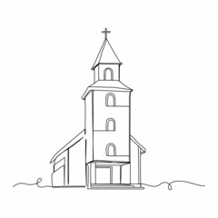 Continuous one line drawing of architecture church religion concept icon in silhouette on a white background. Linear stylized. - obrazy, fototapety, plakaty