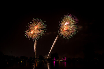 Fireworks with beautiful colorful flowers on a dark sky background.