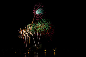 Fireworks with beautiful colorful flowers on a dark sky background.