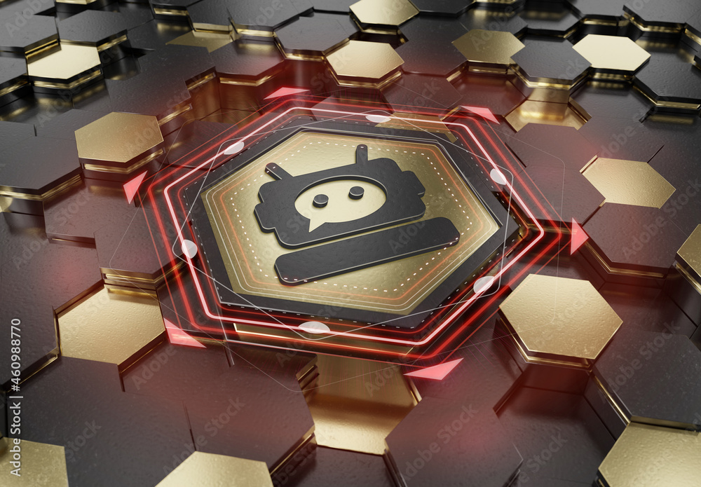 Aufkleber Chatbot icon concept engraved on gold hexagonal pedestral background. Chat bot assistance logo glowing on abstract digital surface. 3d rendering