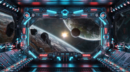 Dark spaceship interior with glowing blue and red lights. Futuristic spacecraft with large window view on planets in space. 3D rendering © sdecoret