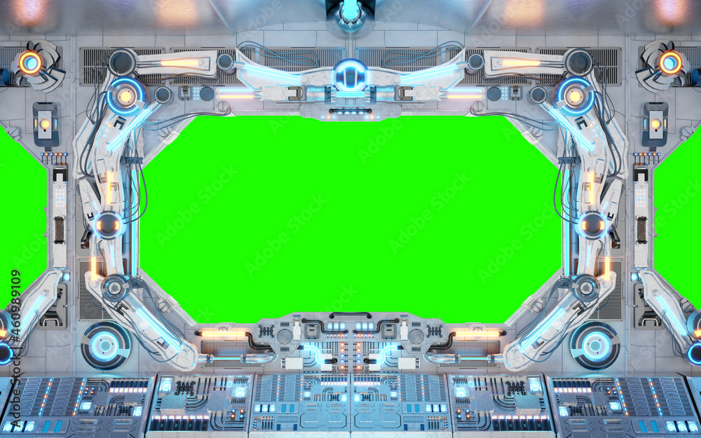 Poster White spaceship interior with isolated window. Futuristic spacecraft with glowing blue and red control panels and empty view. 3D rendering