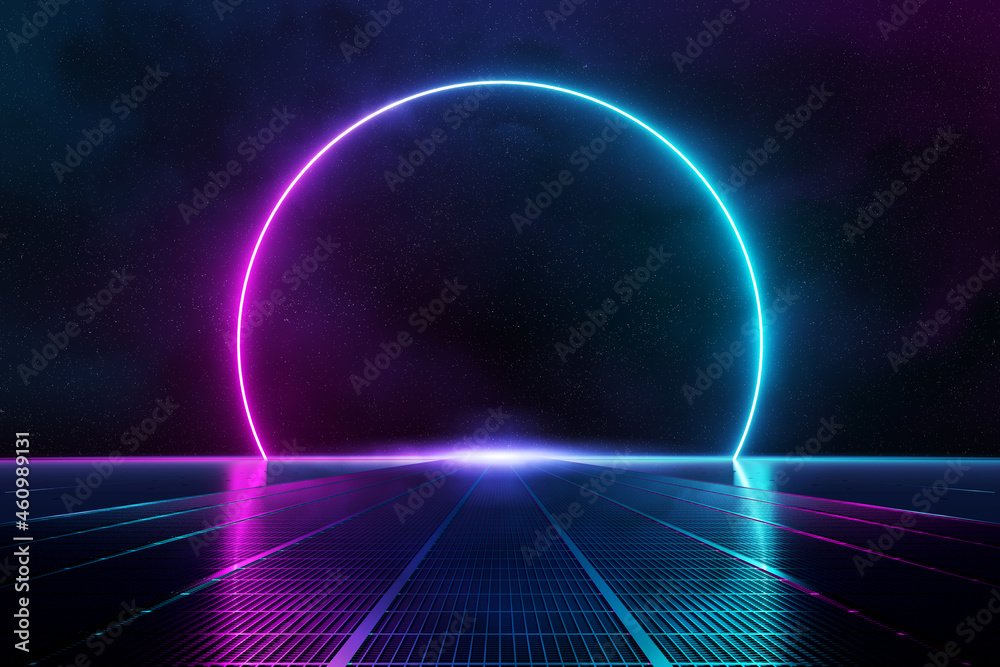 Poster abstract background pathway leading to blue and pink neon light circle reflecting on the floor 3d re