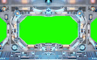 White spaceship interior with isolated window. Futuristic spacecraft with glowing blue and red control panels and empty view. 3D rendering © sdecoret