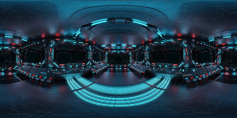 HDRI panoramic view of dark blue spaceship interior with windows. High resolution 360 degrees panorama reflection mapping of a futuristic spacecraft 3D rendering © sdecoret
