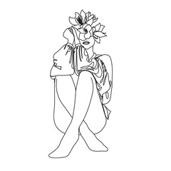 Woman face with butterfly and flowers.Line art female hands with butterflies. One line vector drawing. Portrait minimalistic style. Botanical print. Nature symbol of cosmetics.