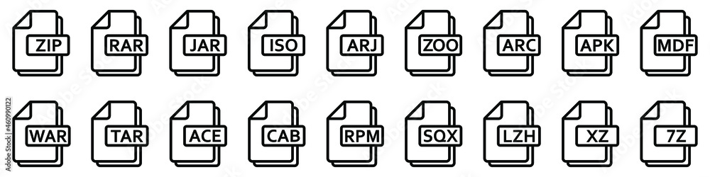 Wall mural archive file icon. different formats of archive files. set of linear icons. vector illustration.