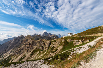 Mountain range of Cadini di Misurina and Sorapiss. Panorama from Tre Cime di Lavaredo or Drei Zinnen, Sesto, Braies and Ampezzo Dolomites. Auronzo di Cadore, Belluno province, Veneto, Italy, Europe.