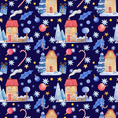 Watercolor seamless Christmas background with snowy houses and xmas trees. Bright watercolor Christmas background is preferred for wrapping paper, textile, cards.