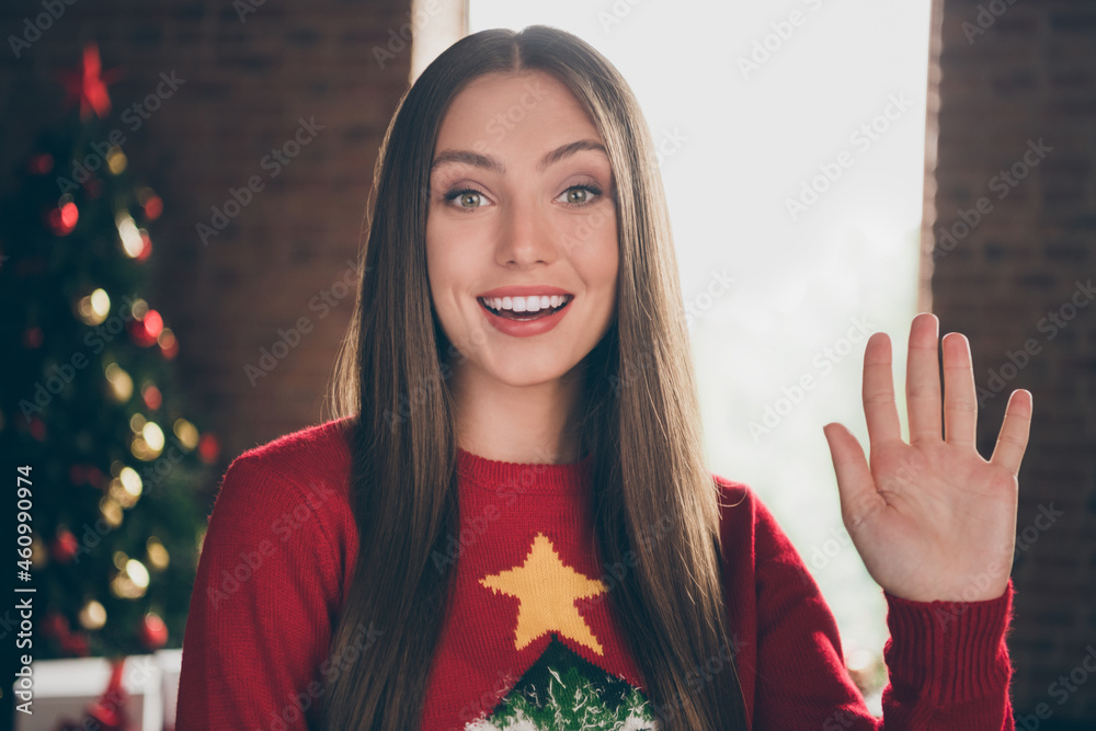 Poster Portrait of attractive cheerful long-haired girl waving hi web cam zoom at home loft industrial brick interior indoors