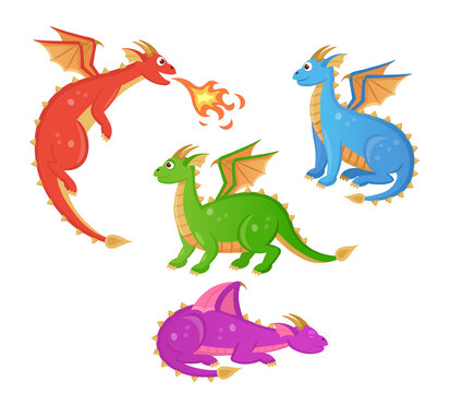 Set of cartoon colorful dragons. Fairytale reptiles with wings. Illustration of fantasy animal character.