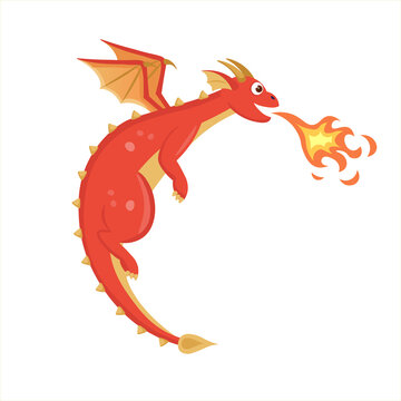 The red flying dragon blowing fire. Vector illustration in cartoon style.