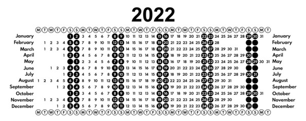 2022 linear calendar with rounded two weekends, wall or desk planner with each month in row, vector template