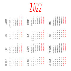 2022 wall or desk office handwritten calendar grid