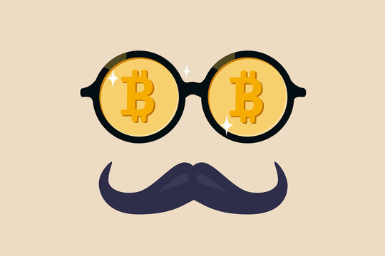Bitcoin whale or anonymous who rich with bitcoin crypto trading, cryptocurrency guru or success investor with no identity concept, fancy nerd eyeglasses with precious Bitcoin symbol and mustache.