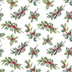 Fototapeta premium Beautiful floral christmas seamless pattern with hand drawn watercolor holly branches. Stock 2022 winter illustration.