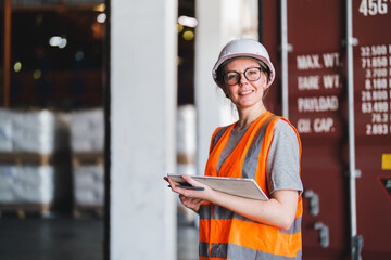 Portrait of a warehouse worker standing in a distribution center. Caucasian female looking at camera. concept of occupation and career.