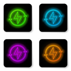 Glowing neon line Lightning bolt icon isolated on white background. Flash sign. Charge flash icon. Thunder bolt. Lighting strike. Black square button. Vector