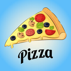 Slice of pizza with tomatoes, mushrooms, pepperoni, olives, herbs and cheese on a blue background