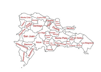 Dominican Republic vector map line contour silhouette illustration isolated on white background. High detailed. Separated regions and provinces with borders. Caribbean country, part of Haiti island.