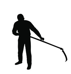 Farmer using scythe to cut grass vector silhouette illustration isolated on white background. Rural gardener landscaper. Country man with scythe hard work outdoor. Villager mowing wheat or clover