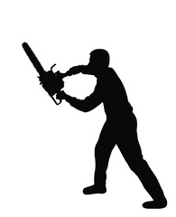 Lumberjack with chainsaw vector silhouette illustration isolated on white. Woodpecker on duty. Logger worker. Lumberman in action. Woodcutter man with saw. Forester worker. Industrial wood work