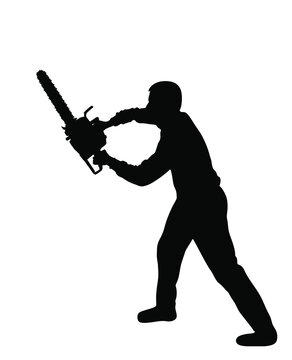 recommend clip art: Lumberjack with chainsaw vector silhouette illustration isolated on white. Woodpecker on duty. Logger worker. Lumberman in action. Woodcutter man with saw. Forester worker. Industrial wood work
