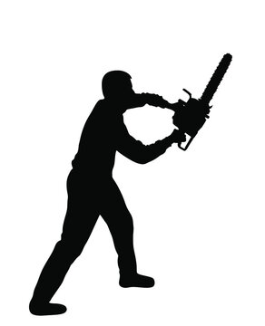 recommend clip art: Lumberjack with chainsaw vector silhouette illustration isolated on white. Woodpecker on duty. Logger worker. Lumberman in action. Woodcutter man with saw. Forester worker. Industrial wood work