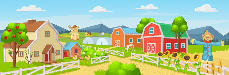 Obraz na płótnie Canvas Farm panorama with a greenhouse, chicken coop, barn, houses, mills, fields, trees. Vector illustration in cartoon style.