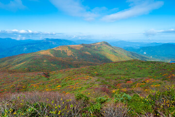 Obraz premium 宮城県栗原市、秋田県湯沢市、雄勝郡東成瀬村、岩手県一関市にある栗駒山を紅葉の時期に登山する風景A view of climbing Mt. Kurikoma in Kurihara City, Miyagi Prefecture, Yuzawa City, Akita Prefecture, during the autumn foliage season.