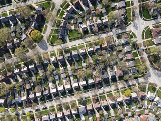 Aerial shot of houses in a subdivision in the morning