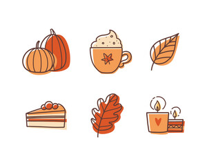 Pumpkins, cappuccino, autumn leaves, apple pie, and candles in doodle style isolated on white background. Cozy set of elements for the seasonal postcard, web banner, advert, or print. Vector icons. 