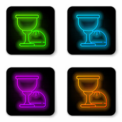 Glowing neon line Holy grail or chalice icon isolated on white background. Christian chalice. Christianity icon. Black square button. Vector
