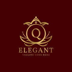 letter Q elegant leaves and crown crest vector logo design