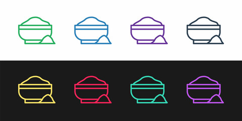 Set line Flour bowl icon isolated on black and white background. Baking Ingredients. Healthy organic food. Kitchen utensils cup. Dough cooking. Vector