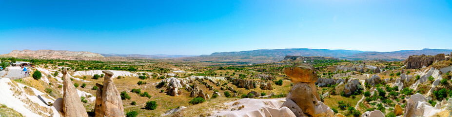 Panoramic view of Three Graces or Uc Guzeller in Cappadocia Urgup Turkey