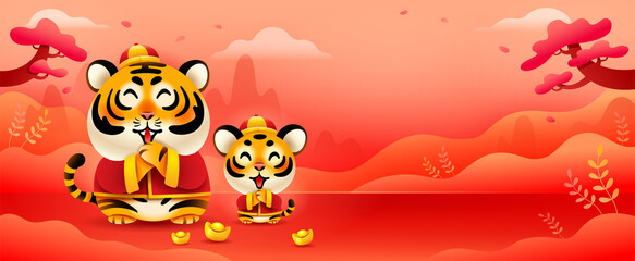 Group of cute tiger on oriental festive theme big banner background. Happy Chinese New Year 2022. Year of the tiger.