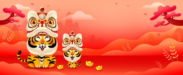Group of cute tiger on oriental festive theme big banner background. Happy Chinese New Year 2022. Year of the tiger. (title) Happy New Year (stamp) Tiger