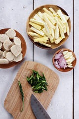 Prepare for made Tumis putren or oseng jagung muda is stir fry baby corn and meatball with green chili.